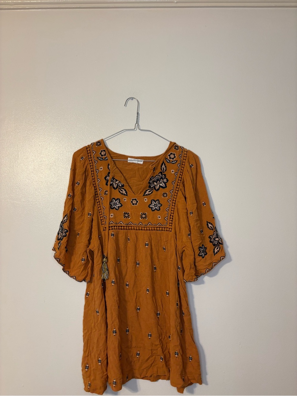 Embroidered Mustard Mini Dress with Floral Detail